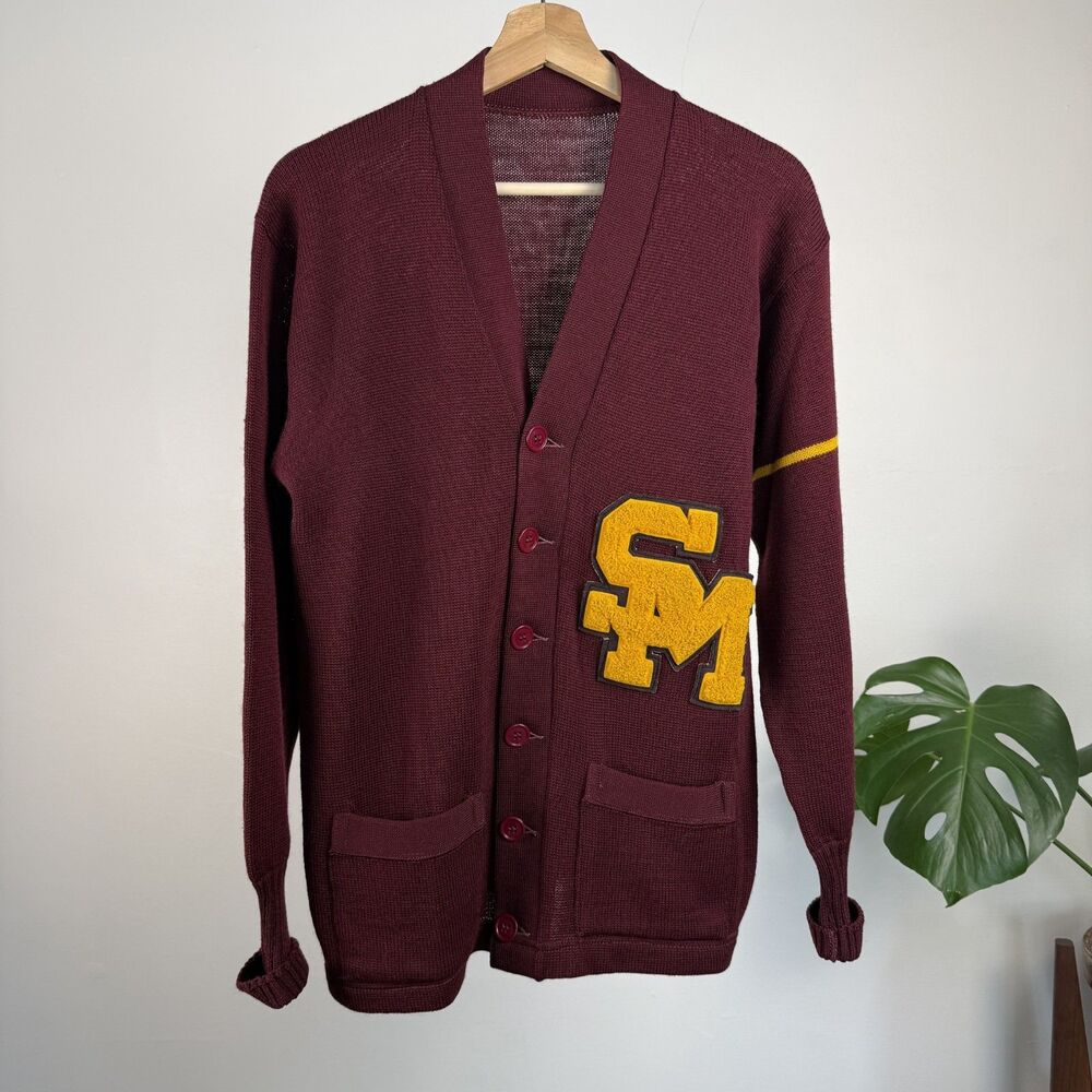 Vintage Varsity Letter Cardigan Burgundy Chenille SM Patch Button Front Sweater